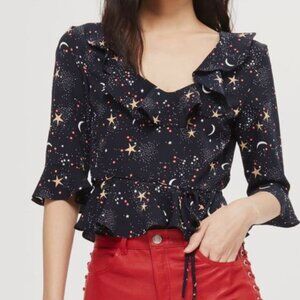 Topshop Stars & Moon Low Cut Ruffle 3/4 Sleeve Tie Top - Size 10